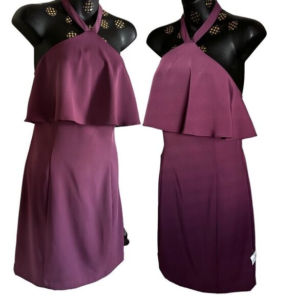 PLUM PURPLE Halter Bare Back Fitted Ruffle Dress Mothers Day Graduation Lg NWT - Picture 1 of 12